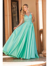 DQ 4326 - Satin A-Line Prom Gown with Sheer 3D floral Applique Bodice & Side Pockets Prom Dress Dancing Queen XS MINT 