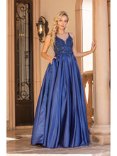 DQ 4326 - Satin A-Line Prom Gown with Sheer 3D floral Applique Bodice & Side Pockets Prom Dress Dancing Queen XS NAVY 