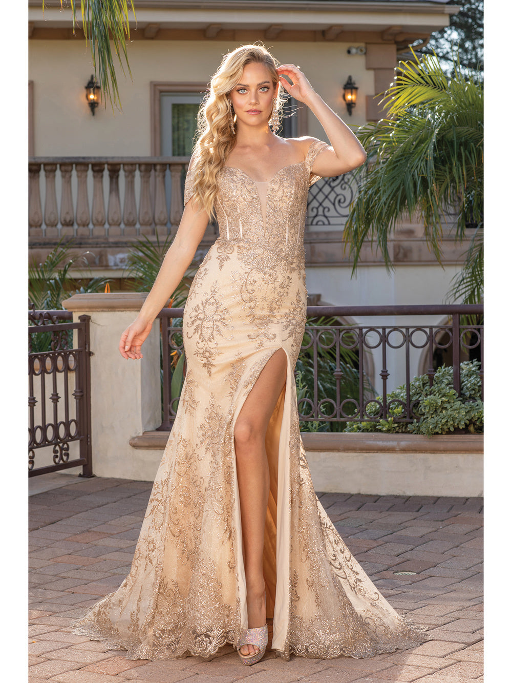 DQ 4332 - Glitter Pattern Off the Shoulder Fit & Flare Prom Gown with Sheer Boned Bodice & Leg Slit XS / GOLD DQ 4332 - Glitter Pattern Off the Shoulder Fit & Flare Prom Gown with Sheer Boned Bodice & Leg Slit XS / GOLD