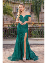 DQ 4332 - Glitter Pattern Off the Shoulder Fit & Flare Prom Gown with Sheer Boned Bodice & Leg Slit PROM GOWN Dancing Queen XS HUNTER GREEN 