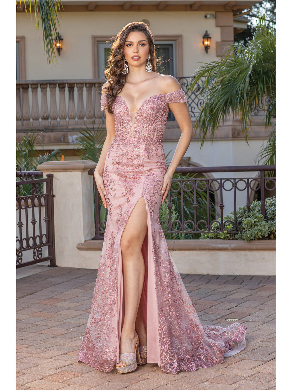 DQ 4332 - Glitter Pattern Off The Shoulder Fit & Flare Prom Gown with Sheer Boned Bodice & Leg Slit 2XL / rose-gold DQ 4332 - Glitter Pattern Off The Shoulder Fit & Flare Prom Gown with Sheer Boned Bodice & Leg Slit 2XL / rose-gold