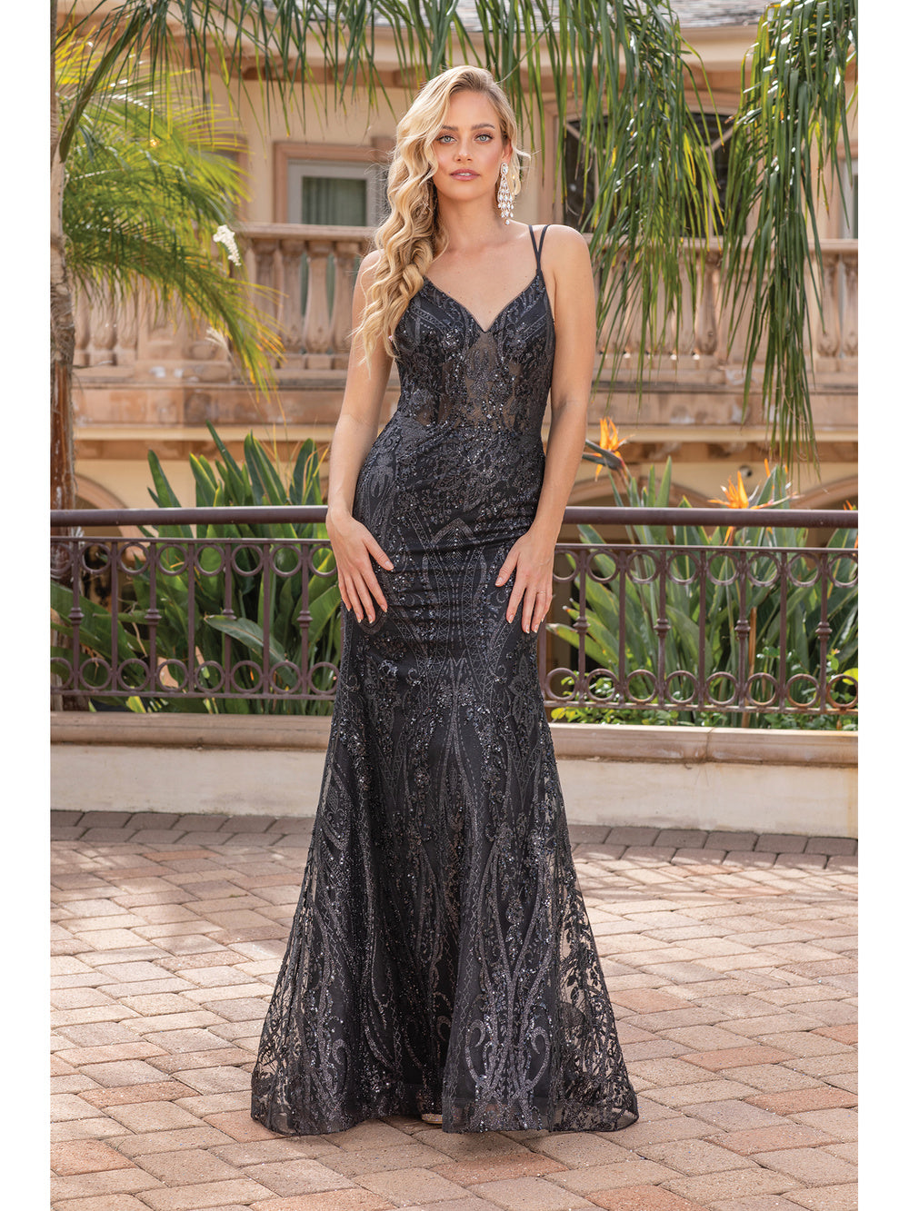 DQ 4336 - Glitter Pattern fit & Flare Prom Gown with Sheer Boned Bodice & Corset Back Prom Dress Dancing Queen XS BLACK 