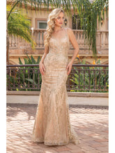DQ 4336 - Glitter Pattern fit & Flare Prom Gown with Sheer Boned Bodice & Corset Back Prom Dress Dancing Queen XS GOLD 