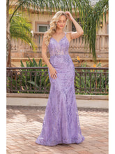 DQ 4336 - Glitter Pattern fit & Flare Prom Gown with Sheer Boned Bodice & Corset Back Prom Dress Dancing Queen XS LILAC 