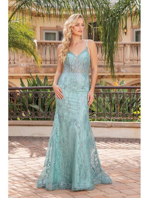 DQ 4336 - Glitter Pattern fit & Flare Prom Gown with Sheer Boned Bodice & Corset Back PROM GOWN Dancing Queen XS SAGE 