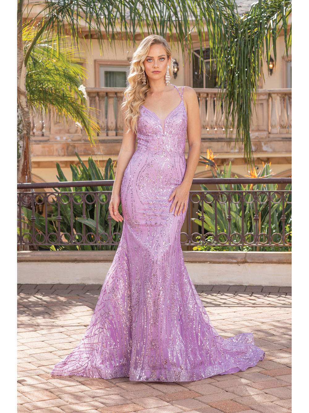 DQ 4337 - Glitter Pattern Fit & Flare Prom Gown with Corset Back PROM GOWN Dancing Queen XS LILAC 