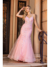 DQ 4353 - 3D Floral Applique Mermaid Prom Gown with Sheer Boned Bodice & Open Corset Back Prom Dress Dancing Queen   