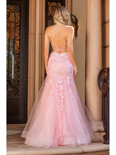 DQ 4353 - 3D Floral Applique Mermaid Prom Gown with Sheer Boned Bodice & Open Corset Back Prom Dress Dancing Queen XS BLUSH 