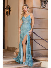 DQ 4354 - Glitter Pattern Fit & Flare Prom Gown with Sheer Boned Bodice Leg Slit & Corset Back PROM GOWN Dancing Queen   
