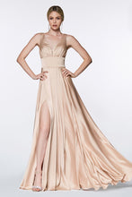CD 7469 P - A-Line Satin Prom Gown with Pleated V-Neck Bodice Spaghetti Straps & Leg Slit Prom Dress Cinderella Divine 16 NUDE 
