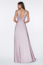 CD 7469 P - A-Line Satin Prom Gown with Pleated V-Neck Bodice Spaghetti Straps & Leg Slit Prom Dress Cinderella Divine   