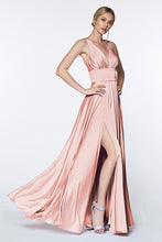 CD 7469 - A-Line Satin Prom Gown with Pleated V-Neck Bodice Spaghetti Straps & Leg Slit Prom Dress Cinderella Divine 2 BLUSH 
