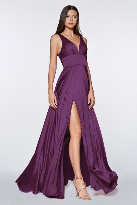 CD 7469 - A-Line Satin Prom Gown with Pleated V-Neck Bodice Spaghetti Straps & Leg Slit PROM GOWN Cinderella Divine 2 EGGPLANT 