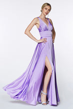 CD 7469 P - A-Line Satin Prom Gown with Pleated V-Neck Bodice Spaghetti Straps & Leg Slit Prom Dress Cinderella Divine 16 LAVENDER 