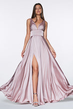 CD 7469 - A-Line Satin Prom Gown with Pleated V-Neck Bodice Spaghetti Straps & Leg Slit Prom Dress Cinderella Divine 2 MAUVE 