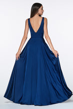 CD 7469 - A-Line Satin Prom Gown with Pleated V-Neck Bodice Spaghetti Straps & Leg Slit Prom Dress Cinderella Divine 2 NAVY 