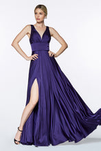 CD 7469 P - A-Line Satin Prom Gown with Pleated V-Neck Bodice Spaghetti Straps & Leg Slit Prom Dress Cinderella Divine 16 PURPLE 