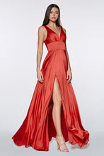 CD 7469 - A-Line Satin Prom Gown with Pleated V-Neck Bodice Spaghetti Straps & Leg Slit Prom Dress Cinderella Divine   