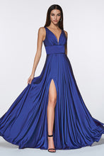 CD 7469 P - A-Line Satin Prom Gown with Pleated V-Neck Bodice Spaghetti Straps & Leg Slit Prom Dress Cinderella Divine 16 ROYAL BLUE 