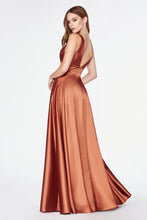 CD 7469 P - A-Line Satin Prom Gown with Pleated V-Neck Bodice Spaghetti Straps & Leg Slit Prom Dress Cinderella Divine   