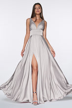 CD 7469 P - A-Line Satin Prom Gown with Pleated V-Neck Bodice Spaghetti Straps & Leg Slit Prom Dress Cinderella Divine 16 SILVER 