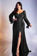 CD 7478C -Plus Size Bloused Long Sleeve Satin Pleated Wrap Dress With Deep V-Neck & High Leg Slit Mother of the Bride Cinderella Divine   