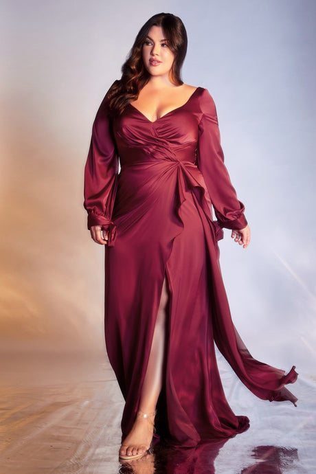 CD 7478C -Plus Size Bloused Long Sleeve Satin Pleated Wrap Dress With Deep V-Neck & High Leg Slit Mother of the Bride Cinderella Divine 18 BURGUNDY 