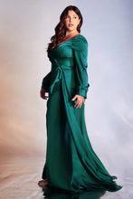 CD 7478C -Plus Size Bloused Long Sleeve Satin Pleated Wrap Dress With Deep V-Neck & High Leg Slit Mother of the Bride Cinderella Divine   