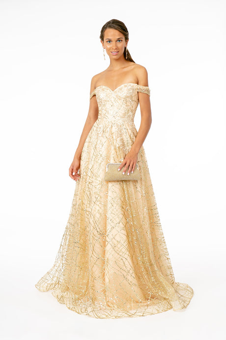 GL 2887 - Floral Embroidered Off the Shoulder A-Line Prom Gown with Glitter & Sequin PROM GOWN GLS XS CHAMPAGNE 