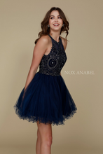 N B652 - Short Homecoming Dress with Lace Appliqué High Neck & Tulle Skirt Homecoming Nox XS NAVY BLUE 