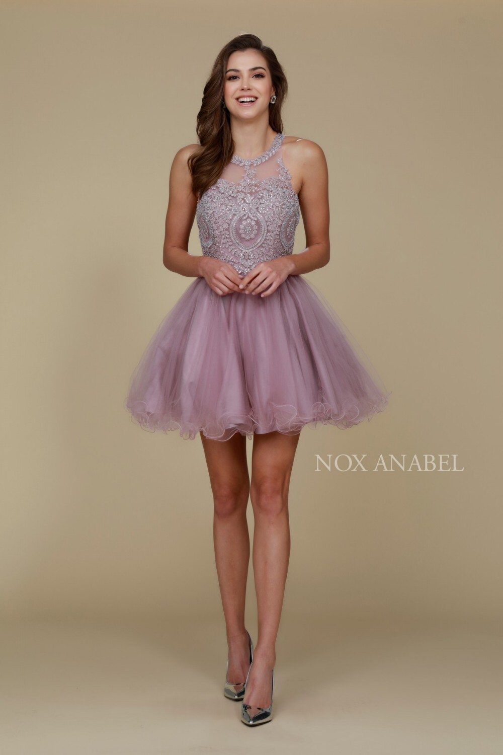 N B652 Short Homecoming Dress with Lace Appliqu High Neck