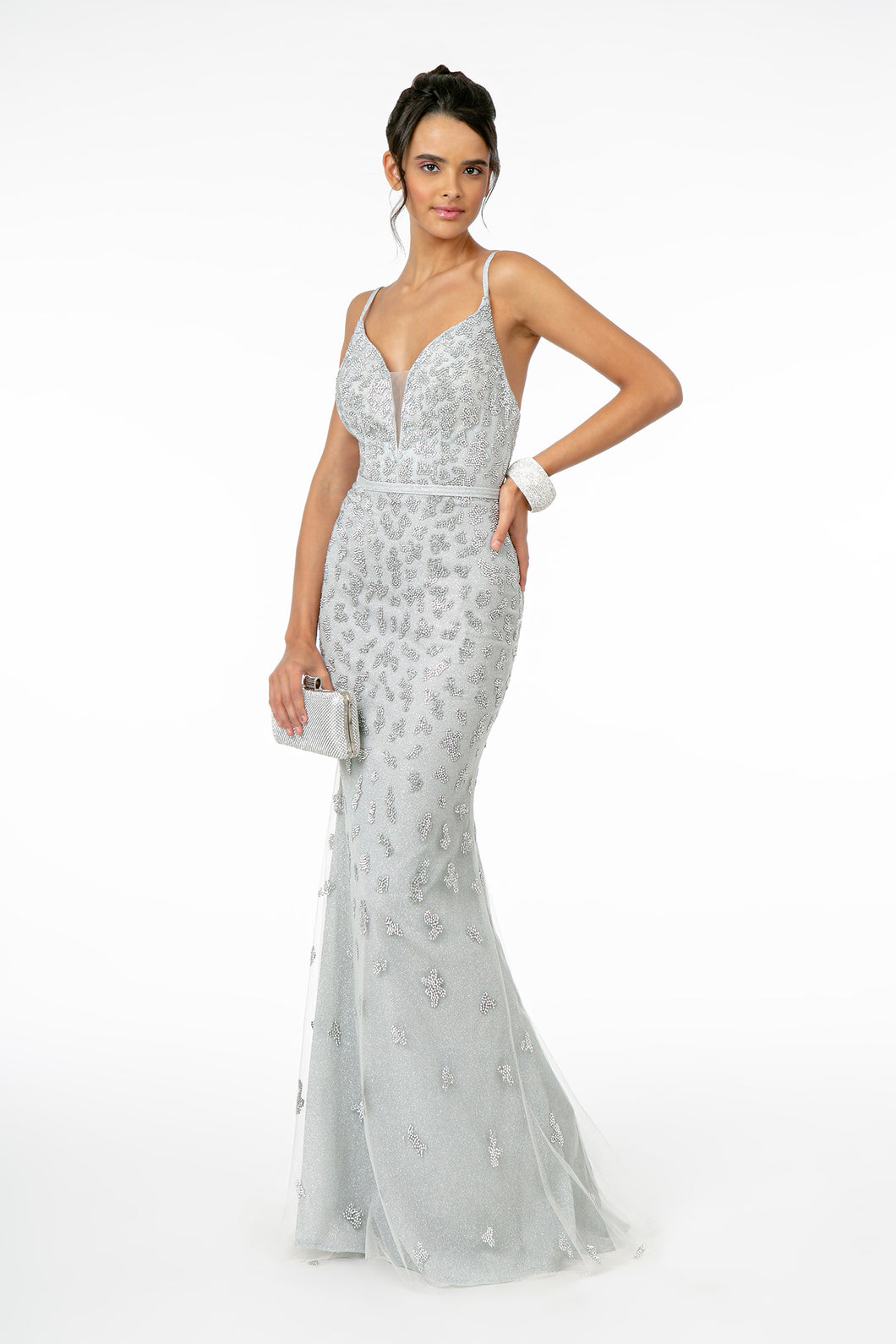GL 2917 - Glittery Fit & Flare Prom Gown with Spaghetti Straps V-Neck & Open Back Dresses GLS XS Silver 