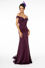 GL 2958 - Off the Shoulder Prom Gown with Embroidered Bodice & Train with Lace Insert Prom Dress GLS XS Eggplant 