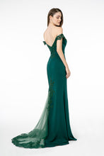 GL 2958 - Off the Shoulder Prom Gown with Embroidered Bodice & Train with Lace Insert Prom Dress GLS XS Teal 