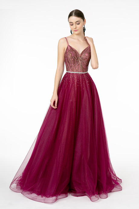 GL 2991 - A-Line Ball Gown with Beaded Bodice Layered Tulle Skirt & Rhinestone Belt PROM GOWN GLS XS Wine 