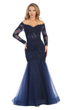 LF 7640 - Off the Shoulder Bead & Lace Embellished Mermaid Prom Gown with Lace Up Corset Back PROM GOWN Let's Fashion XS Navy 