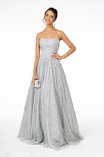 GL 2921 - Strapless A-Line Prom Gown with Beaded Embellished Bodice & Glitter Print Skirt Dresses GLS XS SILVER 