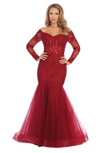 LF 7640 - Off the Shoulder Bead & Lace Embellished Mermaid Prom Gown with Lace Up Corset Back PROM GOWN Let's Fashion XS Burgundy 