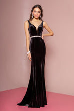 GL 2559 - Velvet Fit & Flare Prom Gown with V Neck & Beaded Belt Dresses GLS XS BLACK 