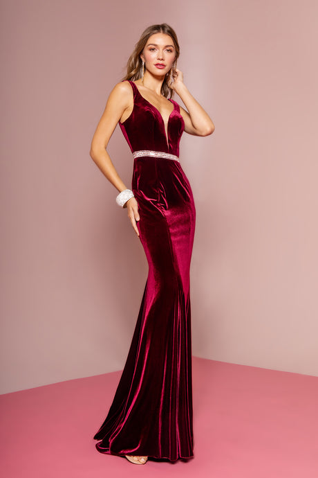 GL 2559 - Velvet Fit & Flare Prom Gown with V Neck & Beaded Belt Dresses GLS XS BURGUNDY 