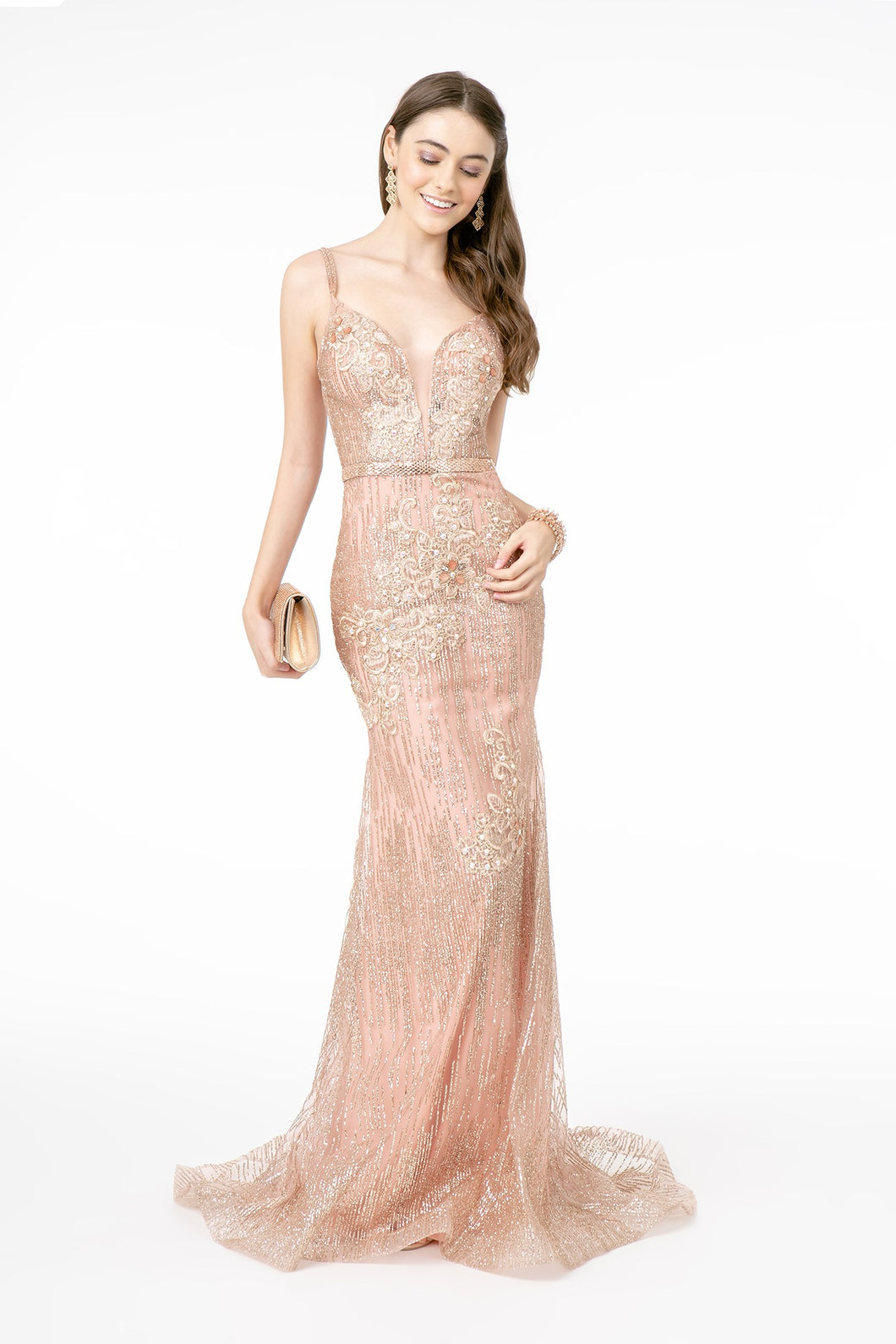 GL 2889 - Floral Embroidered Fit & Flare Prom Gown with Glitter Sequin & Jeweled Waistband Prom Dress GLS XS ROSE GOLD 
