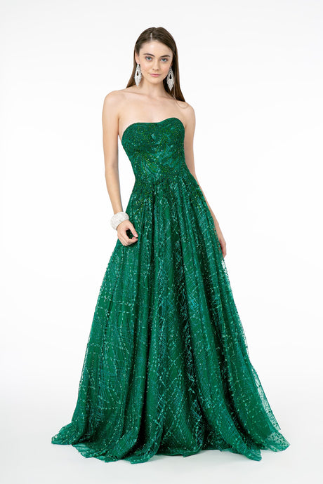 GL 2921 - Strapless A-Line Prom Gown with Beaded Embellished Bodice & Glitter Print Skirt PROM GOWN GLS S GREEN 