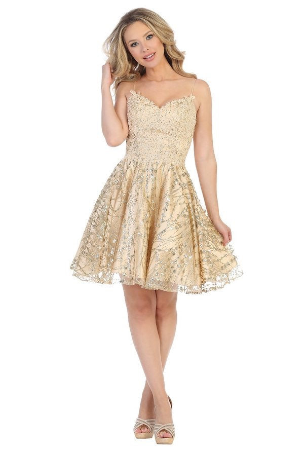 LF 6223 - Glitter Tulle Homecoming Dress with Spaghetti Straps & Beaded Lace Bodice Homecoming Let's Fashion L CHAMPAGNE 