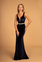 GL 2559 - Velvet Fit & Flare Prom Gown with V Neck & Beaded Belt Dresses GLS XS NAVY 