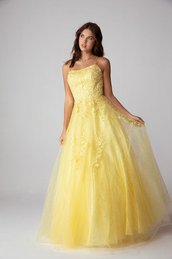 E 9757 - Shimmer Tulle A-Line Prom Gown with 3D Lace Applique Scoop Neck & Lace Up Corset Back PROM GOWN Eureka XS YELLOW 