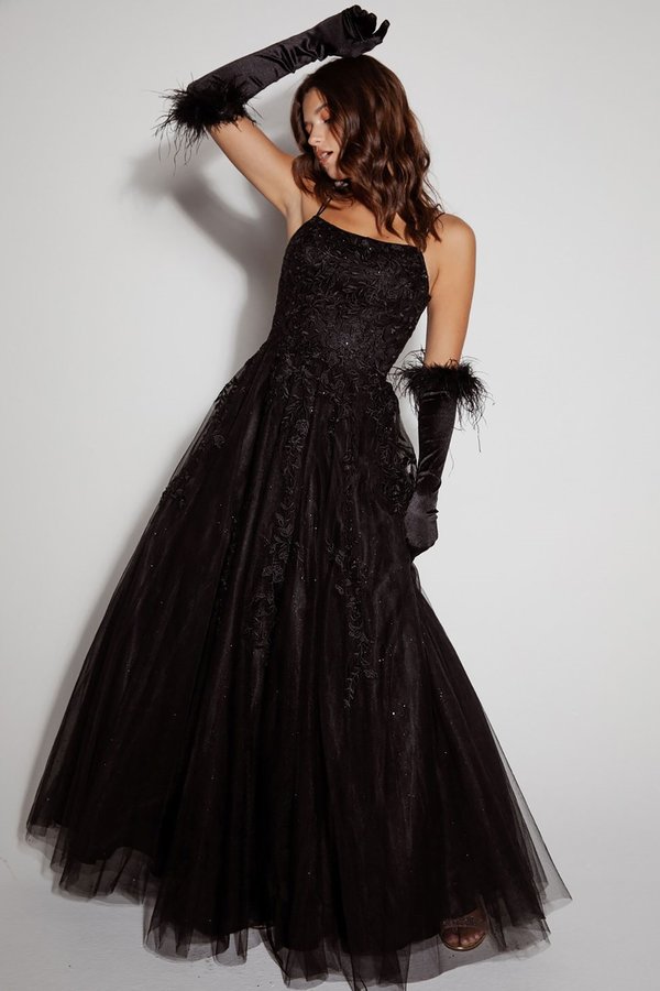 E 9757 - Shimmer Tulle A-Line Prom Gown with 3D Lace Applique Scoop Ne –  Diggz Formals