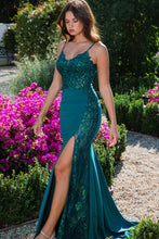 E 9889 - Stretch Jersey Fit & Flare Prom Gown with Sheer Sequin Embellished Floral Lace Bodice Plus Side Panel & Leg Slit PROM GOWN Eureka XS EMERALD GREEN 