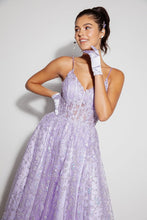 E 9908 - Glitter Patterned A-Line Prom Gown with Sheer Sequin Embellished Boned Bodice PROM GOWN Eureka XS LILAC 