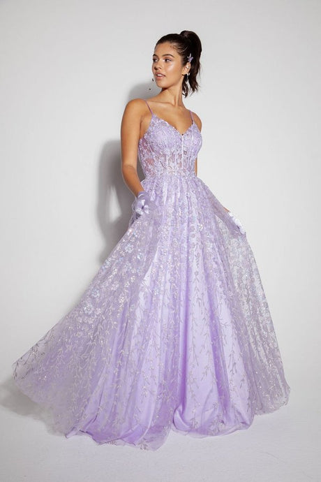 E 9908 - Glitter Patterned A-Line Prom Gown with Sheer Sequin Embellished Boned Bodice PROM GOWN Eureka   