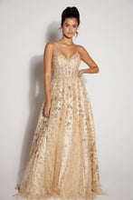 E 9908 - Glitter Patterned A-Line Prom Gown with Sheer Sequin Embellished Boned Bodice PROM GOWN Eureka XS CHAMPAGNE 